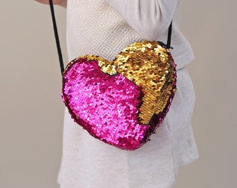 Heart Sequin Purse - Flip Sequin Heart Bag - Girls Heart Purse - Hot Pink and Gold Heart Bag