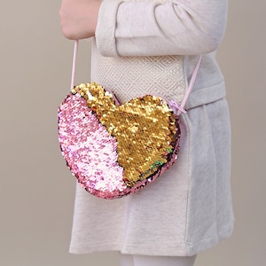 Heart Sequin Purse - Flip Sequin Heart Bag - Girls Heart Purse - Pink and Gold Heart Bag