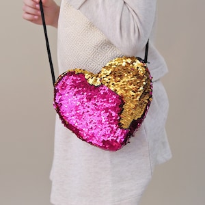 Heart Sequin Purse - Flip Sequin Heart Bag - Girls Heart Purse - Hot Pink and Gold Heart Bag