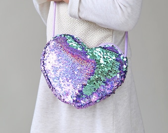 Heart Sequin Purse - Flip Sequin Heart Bag - Girls Heart Purse - Lilac and Mint Flip Heart Bag