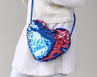 Heart Sequin Purse - Flip Sequin Heart Bag - Girls Heart Purse - Watermelon Pink and Blue Flip Heart Bag