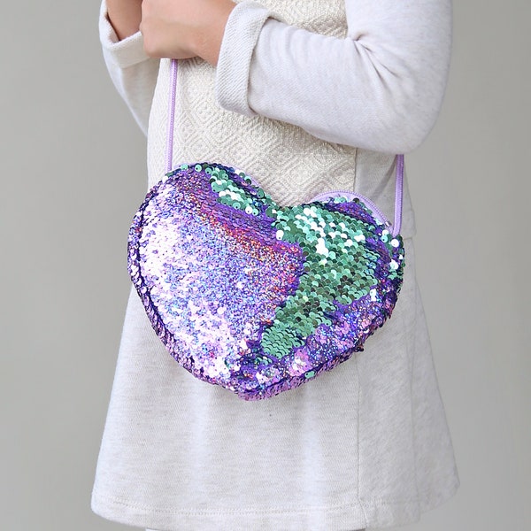 Sac à main à paillettes de coeur - sac de coeur de sequin de flip - bourse de coeur de filles - lilas et sac de coeur de flip de menthe