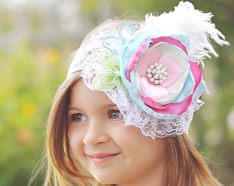 Pastel Flowers and Feathers Headband- Flower Headband, Flower Crown, Flower Headpiece, Flower Girl, Boho Flower Crown, flower crown headband