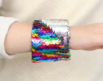 Bracelet à sequins tendance pour fille - Bracelet à sequins - Bracelet à sequins réversibles - Manchette à sequins - Bracelet arc-en-ciel, cadeau d'anniversaire