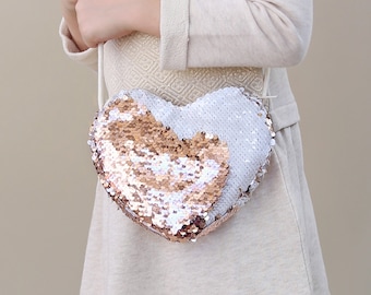 Heart Sequin Purse - Flip Sequin Heart Bag - Girls Heart Purse - White and Rose Gold Heart Bag