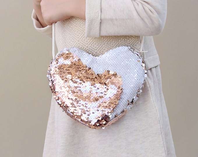 Heart Sequin Purse - Flip Sequin Heart Bag - Girls Heart Purse - White and Rose Gold Heart Bag