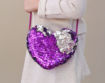 Heart Sequin Purse - Flip Sequin Heart Bag - Girls Heart Purse - Purple and Silver Heart Bag