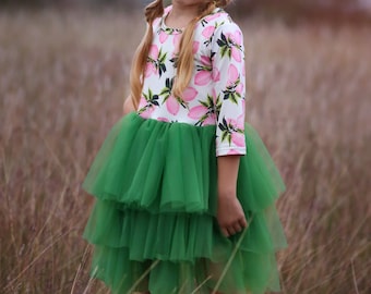 Pink and Green Lemon Tutu Dress - Girls Tutu Dress, Pink Fruit Tutu Dress, Birthday Dress, Party Dress, Floral Dress, lemon ruffle dress