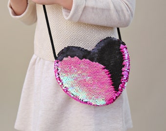 Heart Sequin Purse - Flip Sequin Heart Bag - Girls Heart Purse - Hot Pink and Black Heart Bag