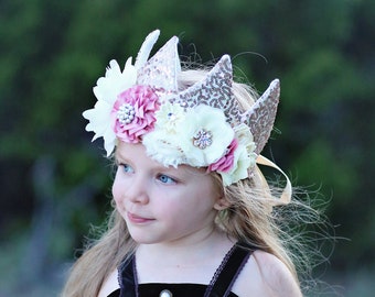 Flower Rainbow Dress Up Crown - Birthday Crown - Flower Birthday Crown - Pink and Gold Sequin Flower Crown - Fits all - Flower Crown