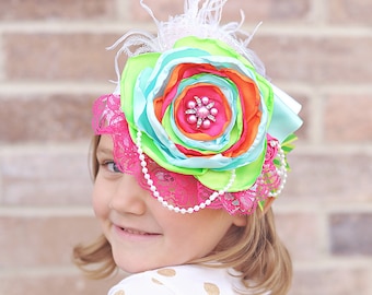 Rainbow Large Flower Headband- Flower Headband, Flower Crown, Pink Flower Headpiece, Flower Girl, Boho Flower Crown, Lime Headband, Summer