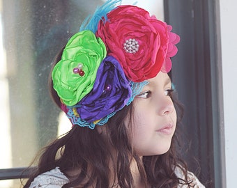 Lime, Purple, Hot Pink Large Flower Feather Headband- Floral Lace Bow, Flower Crown, Floral, Headpiece, Boho Headband, Boho Flower Crown