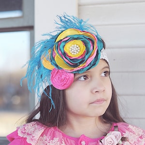 Large Rainbow Flower Feather Headband- Floral Lace Headband, Flower Crown, Floral, Headpiece, Boho Headband, Boho Flower Crown, Oversized