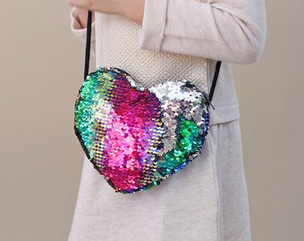 Heart Sequin Purse - Flip Sequin Heart Bag - Girls Heart Purse - Rainbow and Silver Holographic Flip Heart Bag