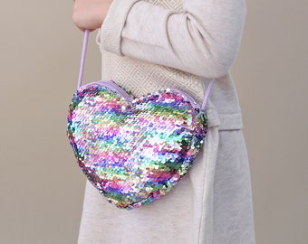 Heart Sequin Purse - Flip Sequin Heart Bag - Girls Heart Purse - Pastel Rainbow and Silver Holographic Flip Heart Bag