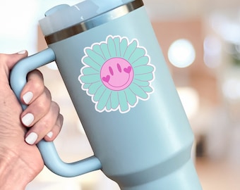 Naklejka Smiley Flower - Naklejka na kubek, kalkomania, naklejka na laptopa, naklejka na butelkę z wodą, naklejka z uśmiechem, naklejka Daisy, naklejki, wodoodporna