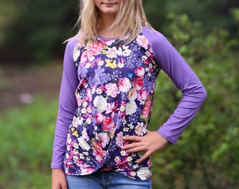 Girls Purple Roses Raglan Shirt - baseball tee, floral shirt, roses, flowers, henley, raglan shirt, gift for her, girl birthday gift, flower