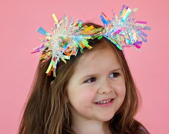 Tinsel Pom Pom Headband- Birthday headband, gift for her, birthday gift, party headband, party favor, bow headband, tinsel, iridescent bows