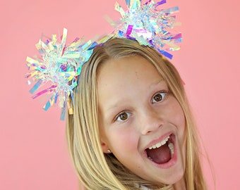 Tinsel Pom Pom Headband- Birthday headband, gift for her, birthday gift, party headband, party favor, bow headband, tinsel, iridescent bows