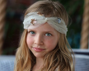 Cream Star Tulle Headband- Gold Sequin Headband, Ivory tulle, star headband, sequin stars, birthday gift, star accessory, sheer headband