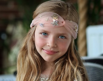 Pink Star Tulle Headband- Gold Sequin Headband, Pink tulle, star headband, sequin stars, birthday gift, star accessory, sheer headband, star
