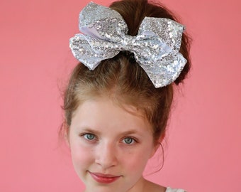 Large Sequin Silver Bow Clip- Large Sequin Bow Clip, Silver Bow, Silver Dance Bow- Oversized Sequin Cheer Bow, Girls Gift, Silver Sequin Bow