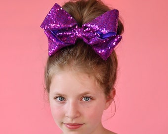 Large Sequin Purple Bow Clip - Large Sequin Bow Clip, Purple Bow, Purple Dance Bow Clip - Oversized Sequin Cheer Bow, Girls Gift, Cheer, bow