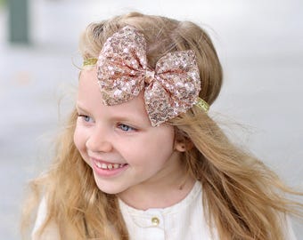 Rose Gold Bow Sequin Headband - Sequin Bow Headband- Rose Gold Sequin Bow, Blush Sequins, Sequin Headband, Birthday Headband, Dance Headband