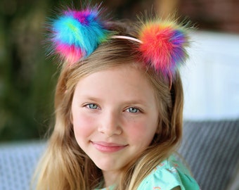 Pom Pom Headband - Rainbow Pom Pom Headband -  Pom Pom Ear Headband