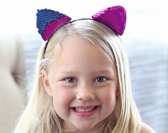 Cat Ear Sequin Headband - Sequin Cat Headband - Navy and Hot Pink Cat Headband - Blue and Pink Reversible Sequins - Sequin Headband