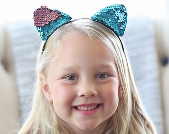 Cat Ear Sequin Headband - Sequin Cat Headband - Aqua and Pink Cat Headband - Turquoise and Pink Reversible Sequins - Sequin Headband