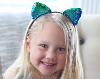 Green Cat Ear Sequin Headband - Sequin Cat Headband - Mermaid Green Cat Headband - Green and Black Reversible Sequins - Sequin Headband