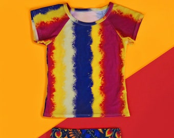 Blue, Red and Yellow Tie Dye Swimsuit - Rash Guard Swim Suit - Shirt Swim Suit - Tie Dye Bathing Suit