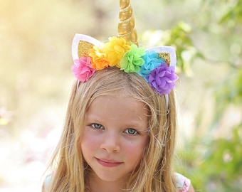 Diadema de flores arco iris de unicornio - Diadema de unicornio arco iris - Diadema floral de cuerno de unicornio