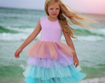 Abito Ombre rosa, acqua e lavanda - Abito lungo tutu rosa - Abito tutu lavanda - Abito di compleanno - Abito da festa - Abito Twirly - Abito Tutu