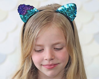 Cat Ear Sequin Headband - Sequin Cat Headband - Aqua and Purple Cat Headband - Turquoise and Purple Reversible Sequins - Sequin Headband