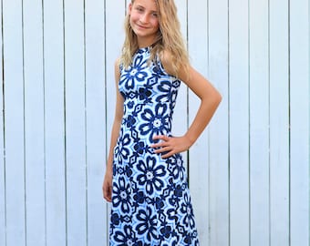 Blue and White Tie Dye Maxi Dress- Girls Maxi Dress- Birthday Dress, Birthday Gift, Church Dress, Preteen Dress, Girl Dress, Gifts for Girls