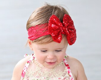 Red Sequin Bow on Lace Headband - Red Sequin Headband - Red Bow