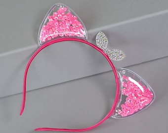 Hot Pink Cat Ear Confetti Headband - Sequin Cat Headband -  Rainbow Cat Headband - Rainbow Reversible Sequins - Sequin Cat Ears