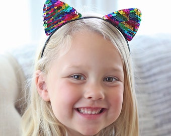 Cat Ear Sequin Headband - Sequin Cat Headband -  Rainbow Cat Headband - Rainbow Reversible Sequins - Sequin Headband -Sequin Cat Ears