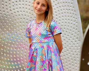 Metallic Pastel Mermaid Dress - Metallic Twirly Dress - Twirly Dress - Birthday Dress - Party Dress - Rainbow Mermaid Dress, birthday gift