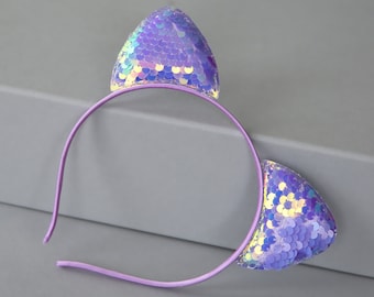 Cat Ear Sequin Headband - Sequin Cat Headband -  Purple Cat Headband - Lavender Reversible Sequins - Sequin Headband