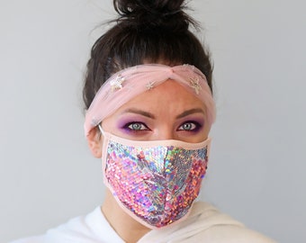 Masque de visage de paillettes - Masque de visage de filtre de poche - Masque de visage de poussière - Masque de visage de glam -Masque de sequin rose holographique