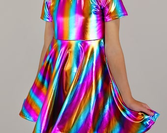 Metallic Rainbow Striped Dress - Metallic Twirly Dress, Metallic Dress, Striped Dress, Twirly, Birthday Dress - Party Dress - Rainbow Dress