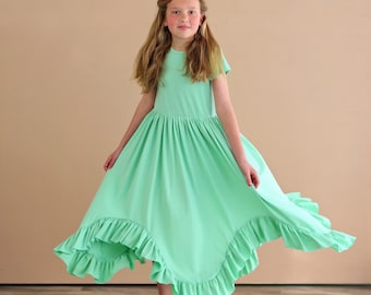 Mint Boho Dress - Long Ruffle Dress - High-low Hem Ruffle Dress - Full Skirt Red Dress - Green Twirly Dress