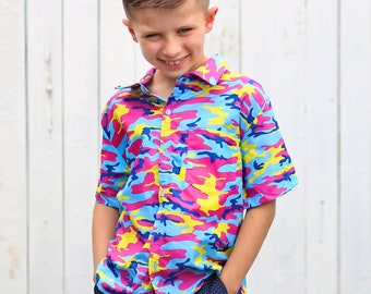 Boys Neon Blue and Pink Camo Button up Shirt - Boys Button Shirt - Boys Dress Shirt, gift for boy, boy camo shirt, boys dress shirt, camo