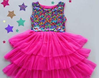 Pink Sparkling Sequin Top Tulle Girl Dress - Flower Girl Birthday Outfit, Princess Chiffon Party Dress, Perfect Gift for Special Occasions