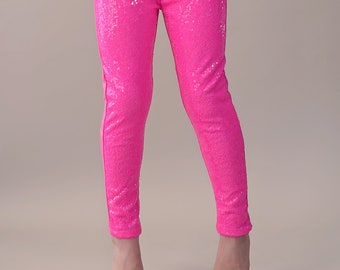 Girls Neon Pink Sequin Shiny Leg gings- Kids Girls, Birthday, Dance, Cheer outfit, solid glitter sparkle shiny sequin leggings, gift-for-her