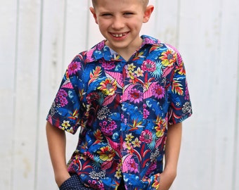 Trendy Boys Dress Shirt- Bright Retro Floral Neon Button-Up, Perfect for Vacation Clothes, Getting Ready Shirt, Unique Gift for Stylish Boys