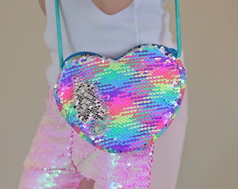 Neon Rainbow Heart Sequin Purse - Flip Sequin Heart Bag - Girls Heart Purse - Rainbow and Silver Holographic Flip Heart Bag